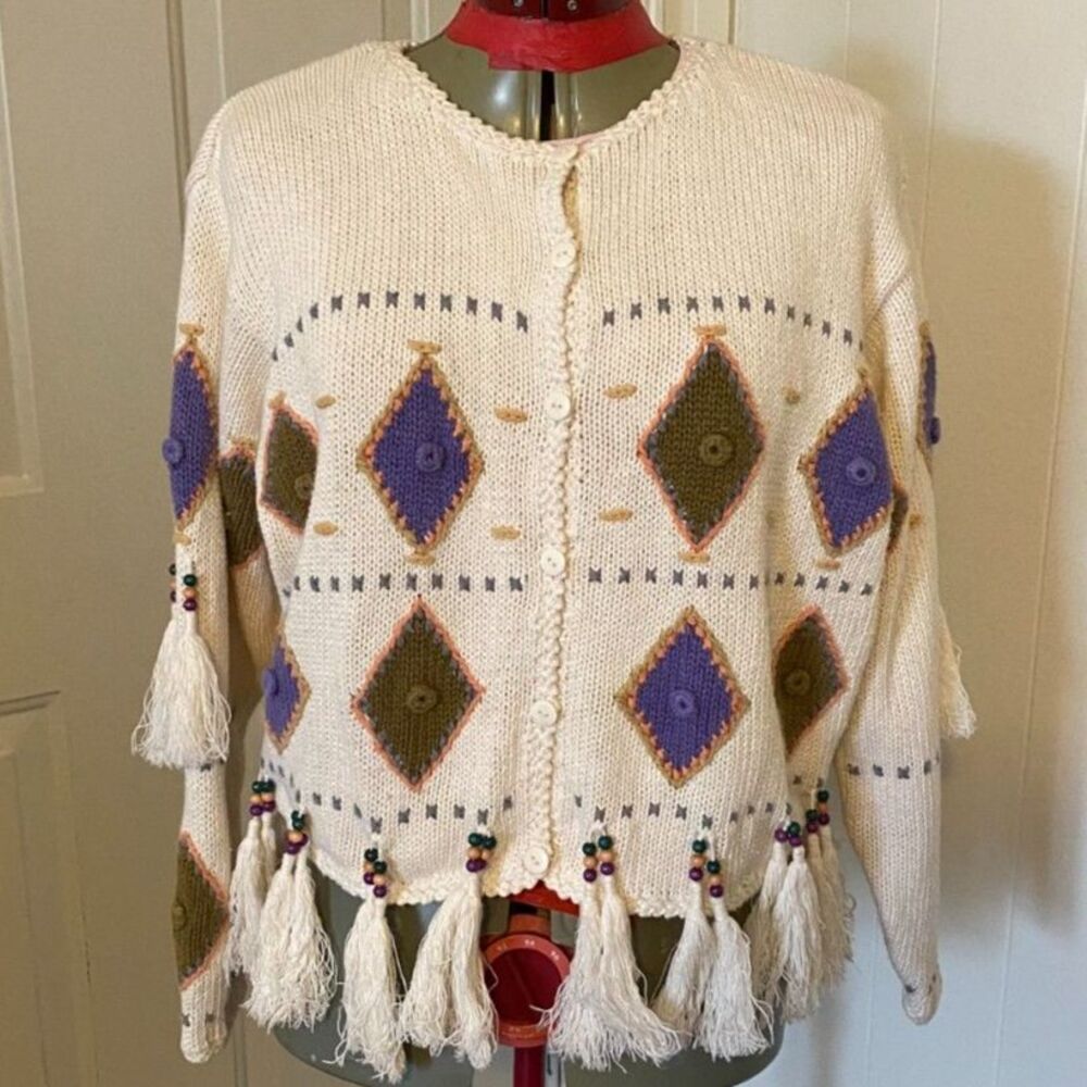 Boho Beaded Fringe Scoop Neck Sweater/Cardigan Women Size M